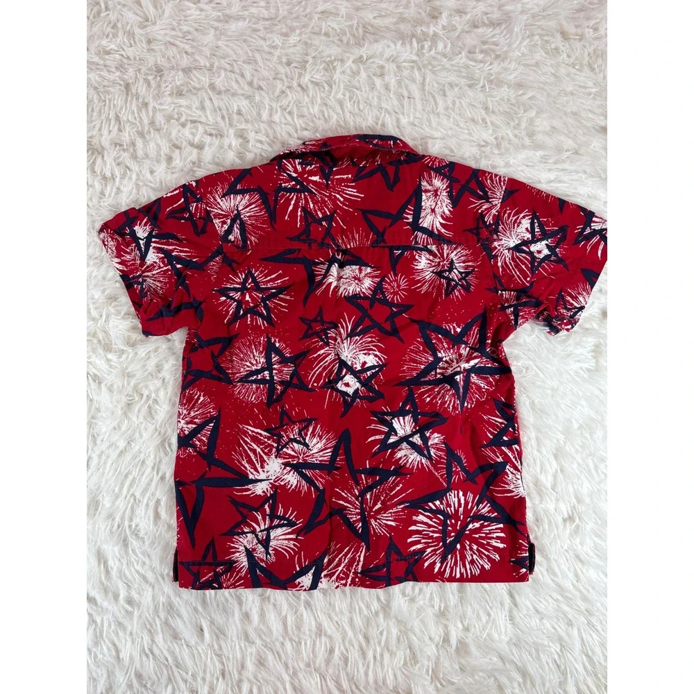 OshKosh B'gosh Kids 4T Patriotic Stars Fireworks Button Up Shirt Red White Blue